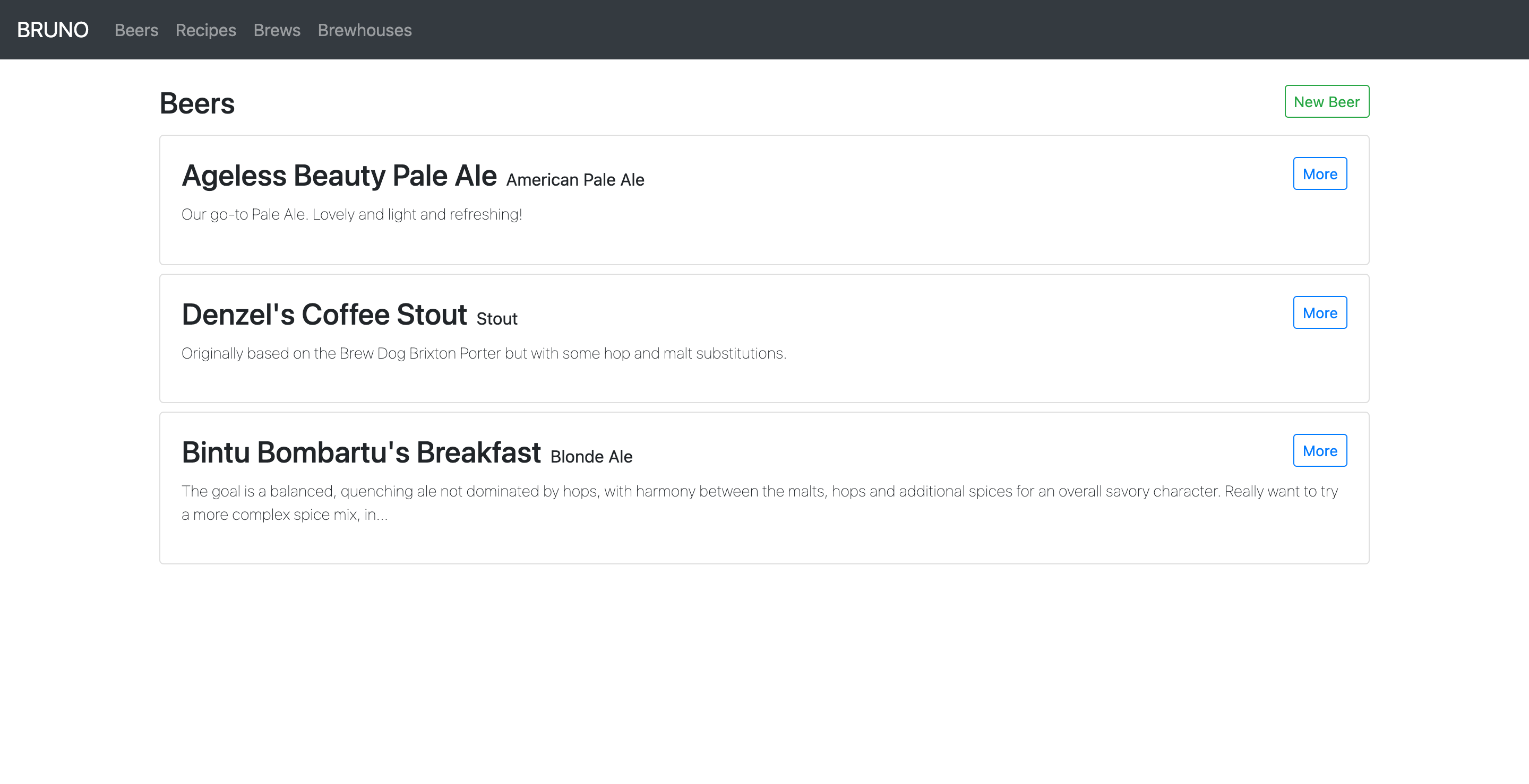 Screenshot of Beer index page on BRUNO project