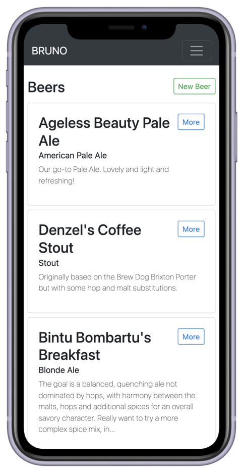 Bruno beer list on an iPhone 11