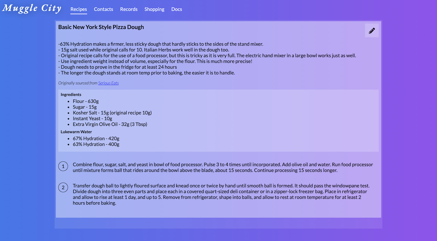 Screenshot of recipe view on Muggle City project