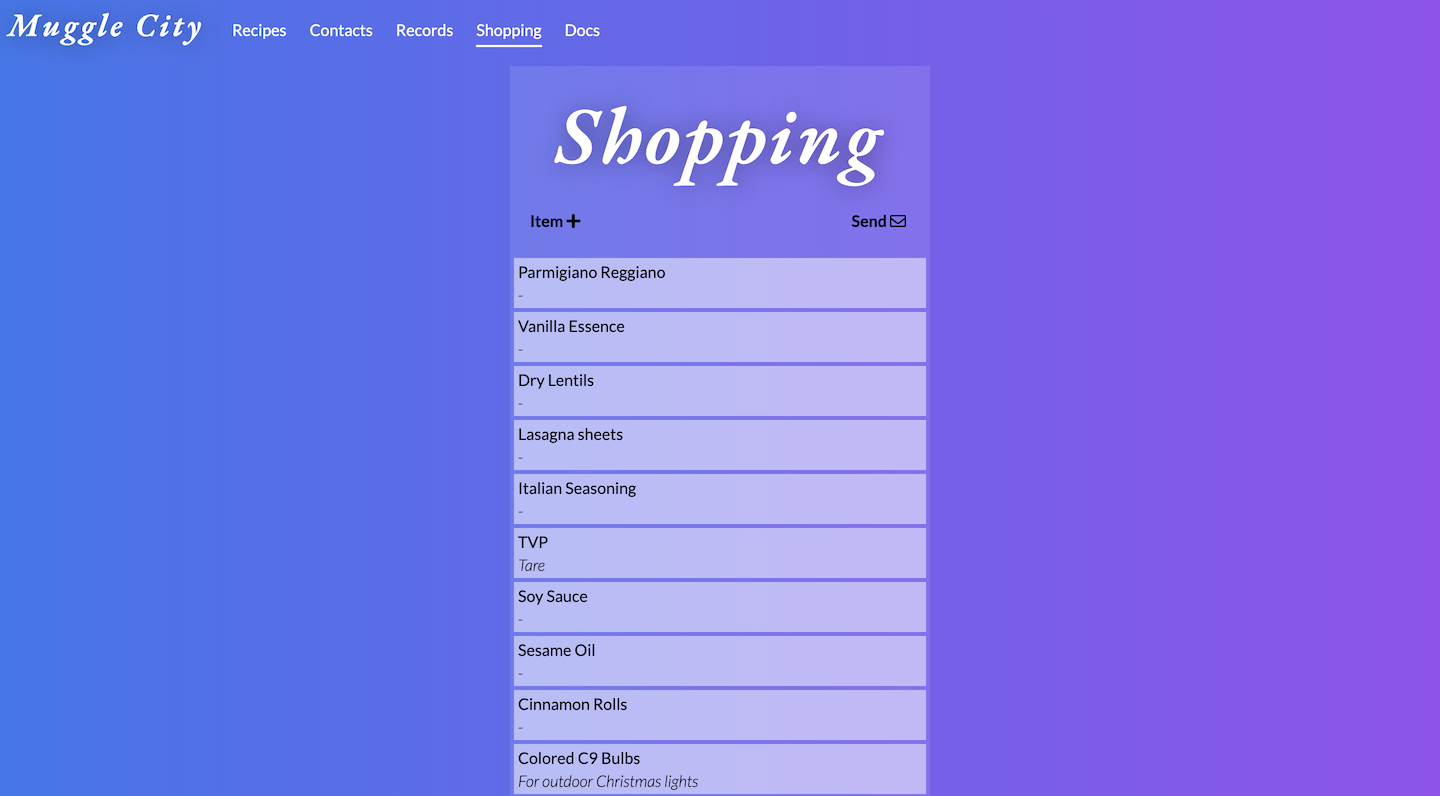 Screenshot of shopping list view on Muggle City project