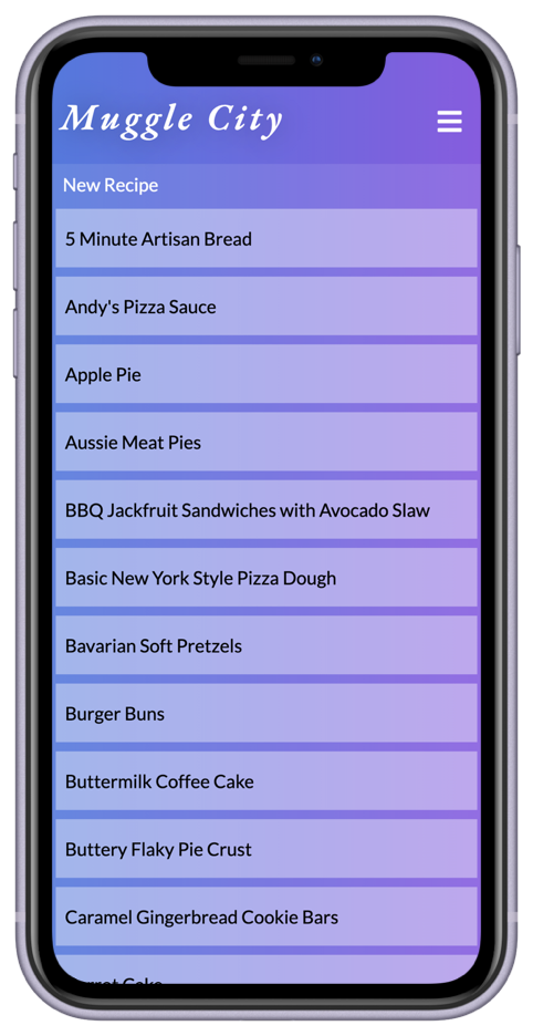 Muggle City recipe list on an iPhone 11