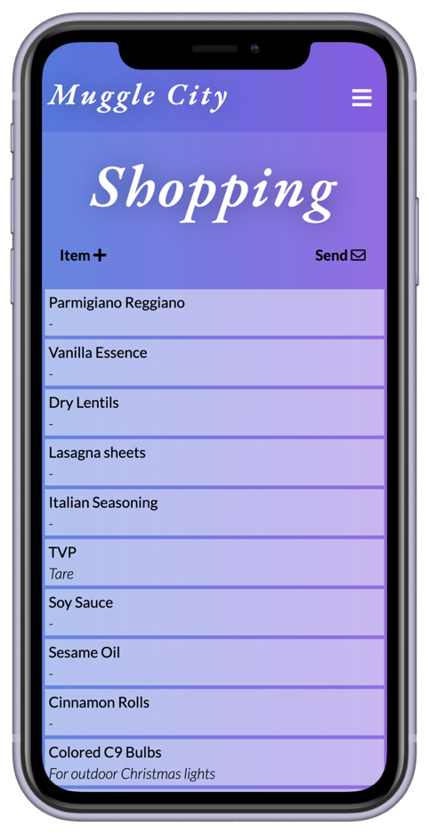 Muggle City shopping list on an iPhone 11