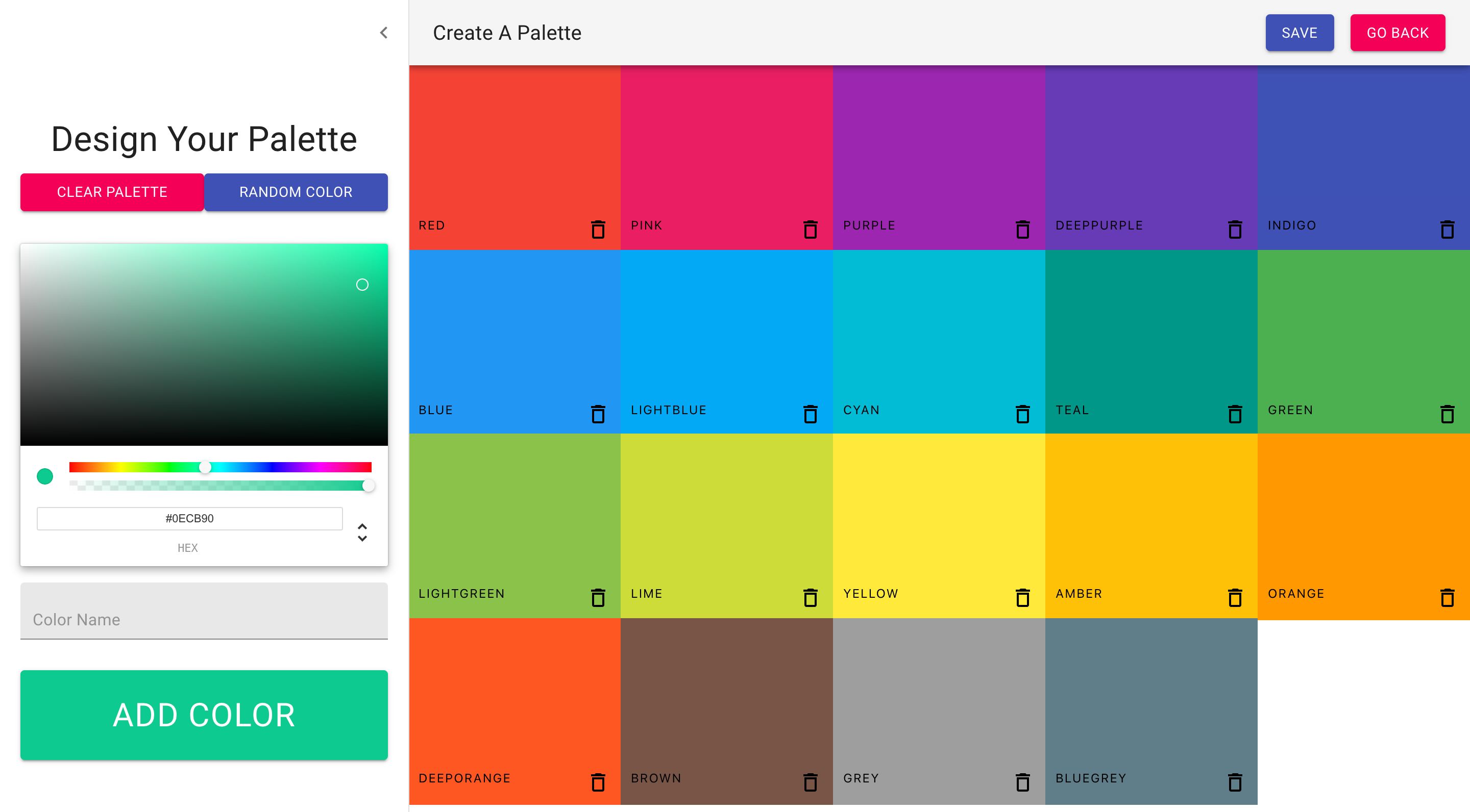 Screenshot of the create palette page on React Color Picker project