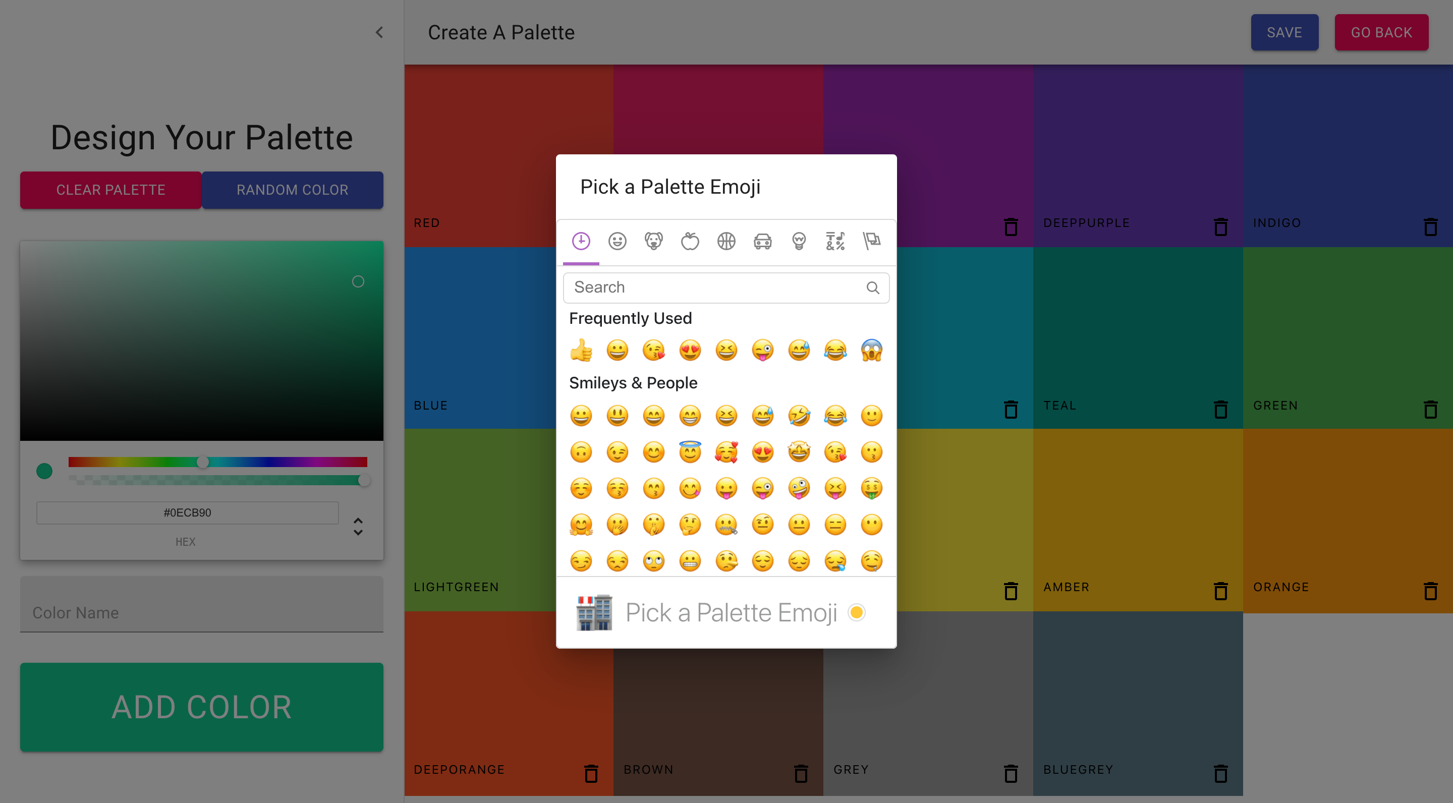 Screenshot of emoji picker on the palette save form on React Color Picker project