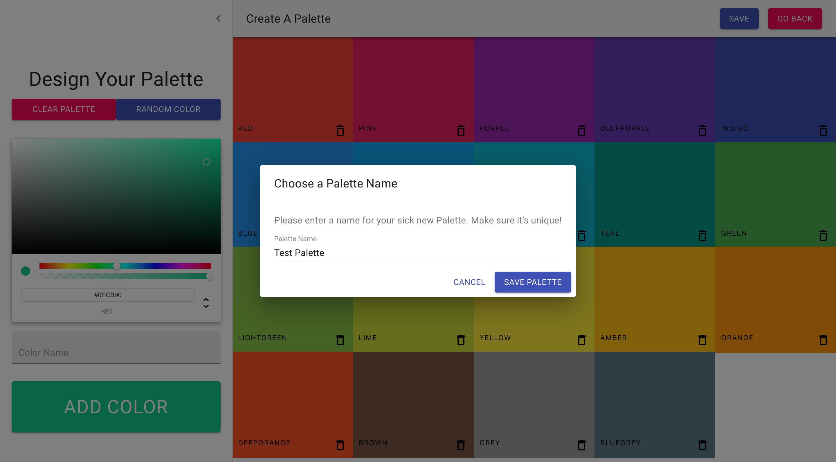 Screenshot of palette save form on React Color Picker project